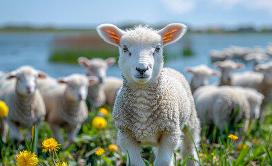 Obraz premium A group of sheep are standing in a field with a young lamb in the middle