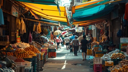 A vibrant street market in a bustling foreign city, with colorful stalls and local vendors 