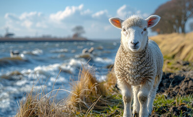 Obraz premium A sheep is standing on a grassy hill next to a body of water