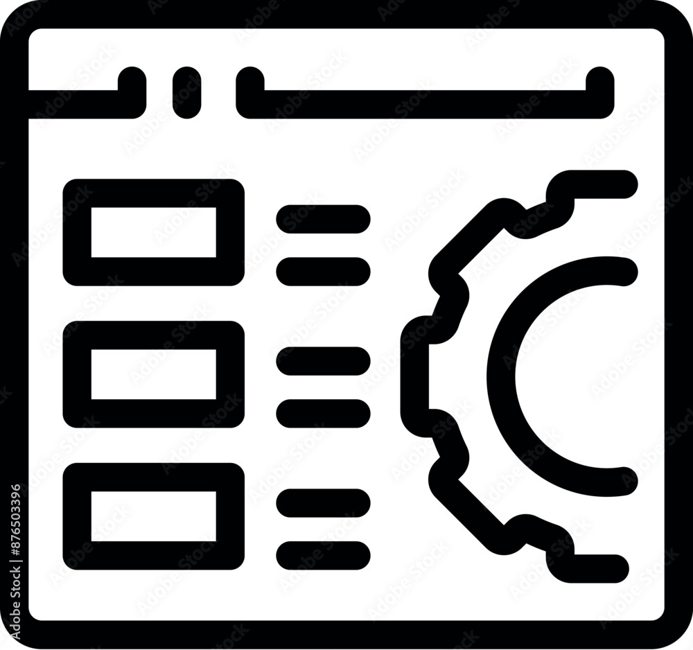 Poster line art icon of a website being optimized with a cogwheel symbolizing the development process