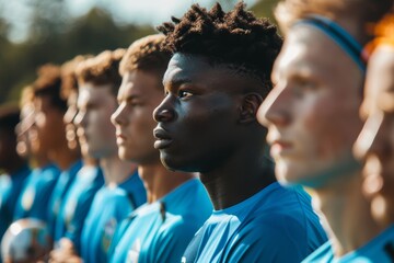 Obraz premium Sports, baseball team and man performing anthem at the start, athlete club competition, softball field tournament. USA country unity, exercise workout, or rigorous fitness training player