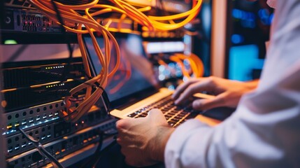 Laptops, hands, or server room technicians fix cloud computing networks, online databases, or data centers. Cybersecurity, computer screen mockup, staff service software