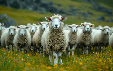 Fototapeta premium A herd of sheep are standing in a field of grass. One sheep is looking at the camera