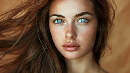 Obraz premium Brunette woman with hair and cosmetics in studio. Radiant glow skin and cosmetics for wellbeing, self-care, or face dermatological model closeup