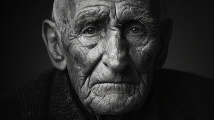 Fototapeta premium A black and white portrait of an elderly man with deep wrinkles and a wise expression, against a dark background 