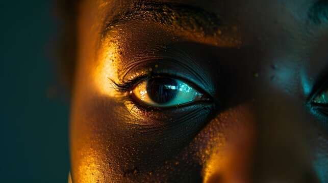 Dark, looking woman in office for deadline, overtime, and lateness. Nighttime office mockup of a serious, half-faced employee for work and corporate dedication.