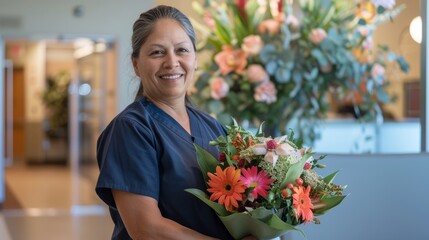 Celebration and portrait of doctor with flowers at hospital for promotion and job gift. Happy, caring female nurse with bouquet for healthcare nursing commitment