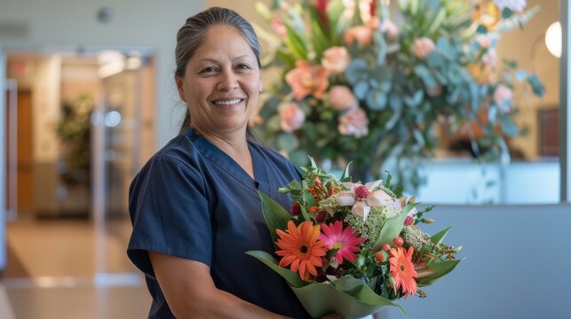 Celebration and portrait of doctor with flowers at hospital for promotion and job gift. Happy, caring female nurse with bouquet for healthcare nursing commitment