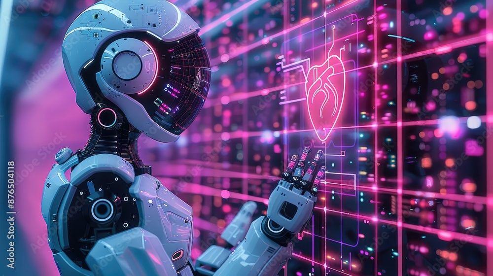 Poster an ai robot doctor using holographic technology to examine a patient's heart on a digital interface,