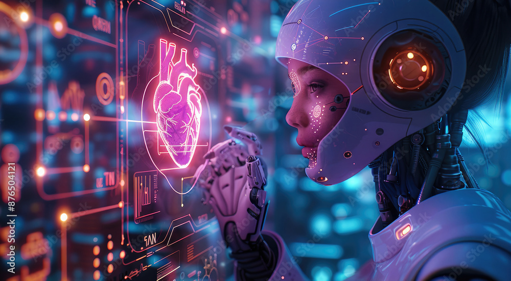 Aufkleber an ai robot doctor using holographic technology to examine a patient's heart on a digital interface,