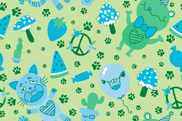 Cartoon birthday animals seamless frogs and cats and strawberry and watermelon