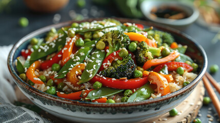 A colorful vegetable stir-fry with broccoli, carrots, bell peppers, and snap peas, served over a bed of brown rice and sprinkled with sesame seeds. Generative AI.