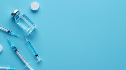 Vaccine bottle and syringe on blue background, top view with ample space for text placement
