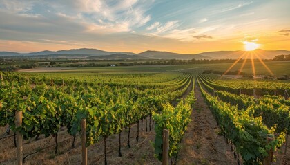 Naklejka premium Wide-Angle Vineyard Scene: Capturing the Serenity of a Sunset Over a Vineyard