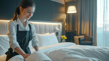 Hotel Maid Making Bed in Modern Room During Daytime. Generative AI