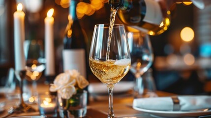 Pouring White Wine Into a Glass at a Candlelit Restaurant Table. Generative AI