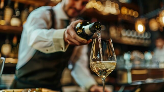 Bartender Pouring White Wine Into Glass at a Bar. Generative AI