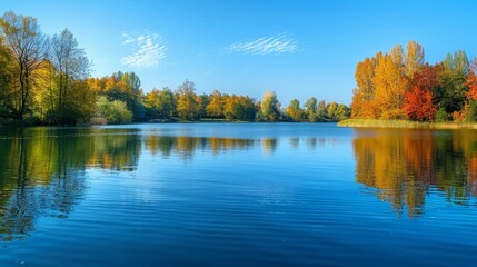 A serene lakeside scene with autumn foliage reflecting on the water, under a clear blue sky 