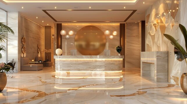 3D rendering of a hotel and spa reception interior