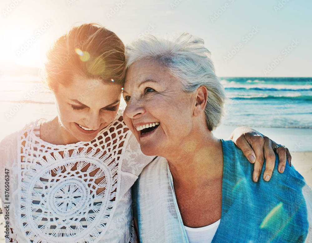 Poster Senior mother, daughter and bonding hug on beach, family and travel vacation or holiday together for relax break. Summer, happy and woman for relationship love or support, Florida ocean and nature