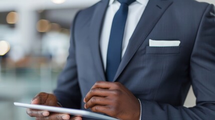 An HD close-up of a young businessmanâ€™s midsection, formal attire with a sleek tie, hand holding a modern tablet, office environment subtly visible in the background, detailed textures and sharp foc