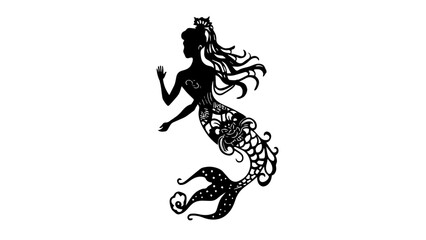 Black and white silhouette of a mermaid for a shadow puppet theatre. 