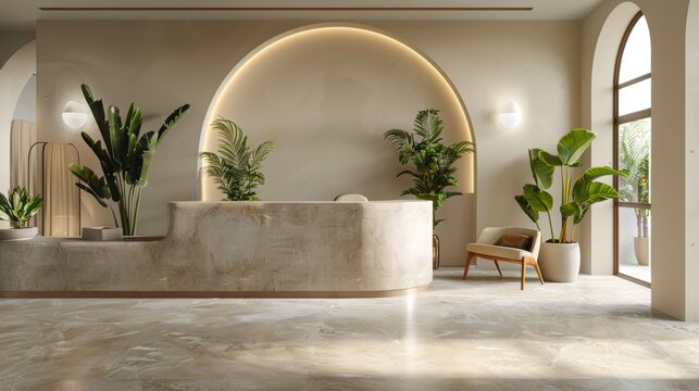 3D rendering of a hotel and spa reception interior