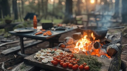 Cooking setup in middle of wood, forest, cut veggies on board, lit fire in pit. Generative AI.