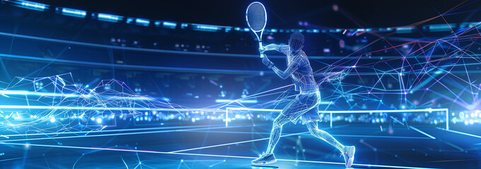 A digital male tennis player in a high-tech virtual environment creating a futuristic and dynamic sports scene.. © Pink Badger