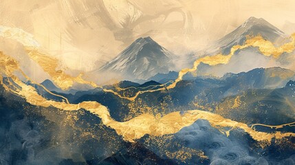 Abstract Japanese style wall art featuring a mountain and gold landscape. Ideal for prints, posters, home décor, book covers, and luxury wallpaper.