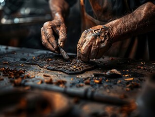 Fototapeta premium Artisans in their workshop, hands crafting with ageold skills, the essence of true craftsmanship