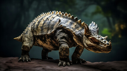 A realistic 3D rendering of a fierce looking armored dinosaur with a green and brown color scheme and a spiked back standing on a rock outcropping in front of a blurred background of foliage