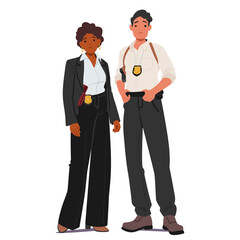 Two Police Officers, A Man And A Woman, Standing Side By Side. Both Wear Badges And Professional Attire