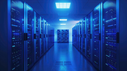 Fototapeta premium Rows of server racks with blue lights in a modern data center