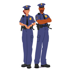 Male And Female Police Officers In Uniform, Standing With Confidence Depict Teamwork, Authority, Professionalism In Law
