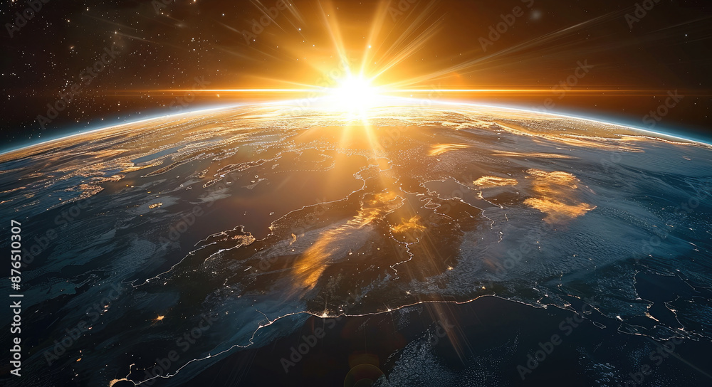Poster The Earth terminator line during dawn, casting a gentle glow over its surface against the dark expanse of space. Generative AI.