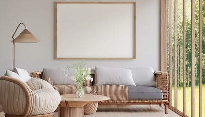 Living Room Wall Poster Mockup in Modern Interior Design - ISO A Paper Size 3D Render