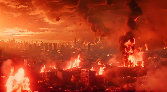 Apocalypse concept. Red skies and burning cities, covered by fires, smoke and flying debris. Disaster, nuclear war or asteroid impact landscape. Cinematic, filmic scene. Town in flame background