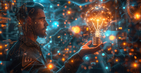 Businessman holding a luminous light bulb, surrounded by a captivating, futuristic network of holographic data visualization and interconnected digital interfaces, digital illustration. Generative AI.