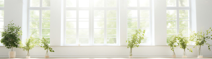 Bright and airy room with large windows and green plants