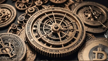 Obraz premium The image shows a steampunk design with intricate bronze gears and a prominent Bitcoin symbol, symbolizing the fusion of mechanical engineering and digital currency. The detailed gears and inscription