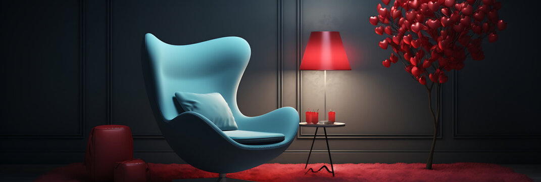 A light blue egg chair, a red lamp, and a dark room.
