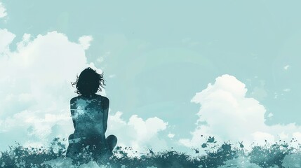 Obraz premium Skybound Contemplation: Isolated Lady on Blue Background