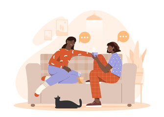 Best friends at home. Women sitting on sofa with coffee or tea. Chatting and communication indoors. Friendly gossiping and conversation. Flat vector illustration isolated on white background