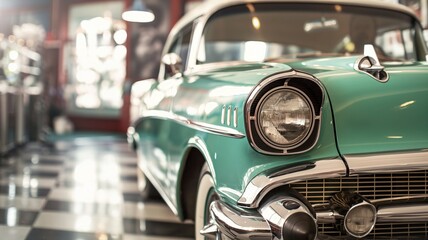 Obraz premium Closeup of a beautifully restored vintage turquoise car in a glamorous showroom under elegant soft lighting, highlighting its stunning features