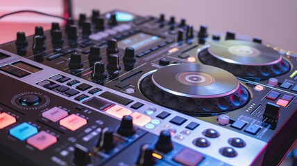 Professional DJ Mixer with Turntable and Effects Controller in Sleek Black and Silver Design, Perfect for Music Mixing and Performance Enthusiasts