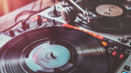Vintage Black Turntable Record Player with Headphones on White Surface, Ideal for Music Enthusiasts and Vinyl Collectors.