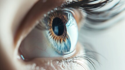Close-up of a womans mesmerizing blue eye with beautifully long and thick black eyelashes, showcasing natural beauty and elegance in detail.
