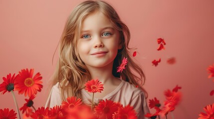 Fototapeta premium Joyful Little Girl with Falling Red Daisy Petals on Isolated Pink Background