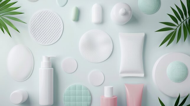 A flat lay of skincare products, cotton pads, and leaves on a light background, showcasing beauty essentials in a minimalist style.